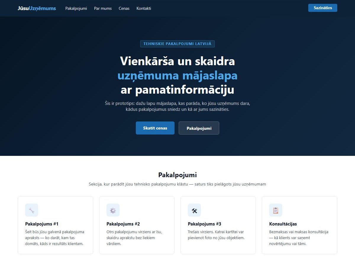 Uzņēmuma vizītkartes vietne ar pakalpojumu sarakstu